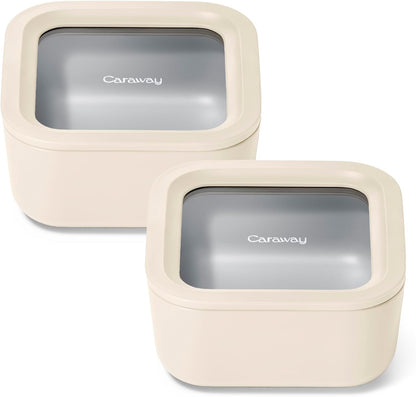 Caraway 2pc Glass Food Storage Set - 4.4 Cup Food Containers (2) - Ceramic Coated - Non Toxic, Non Stick Lunch with Lids - Dishwasher, Oven
