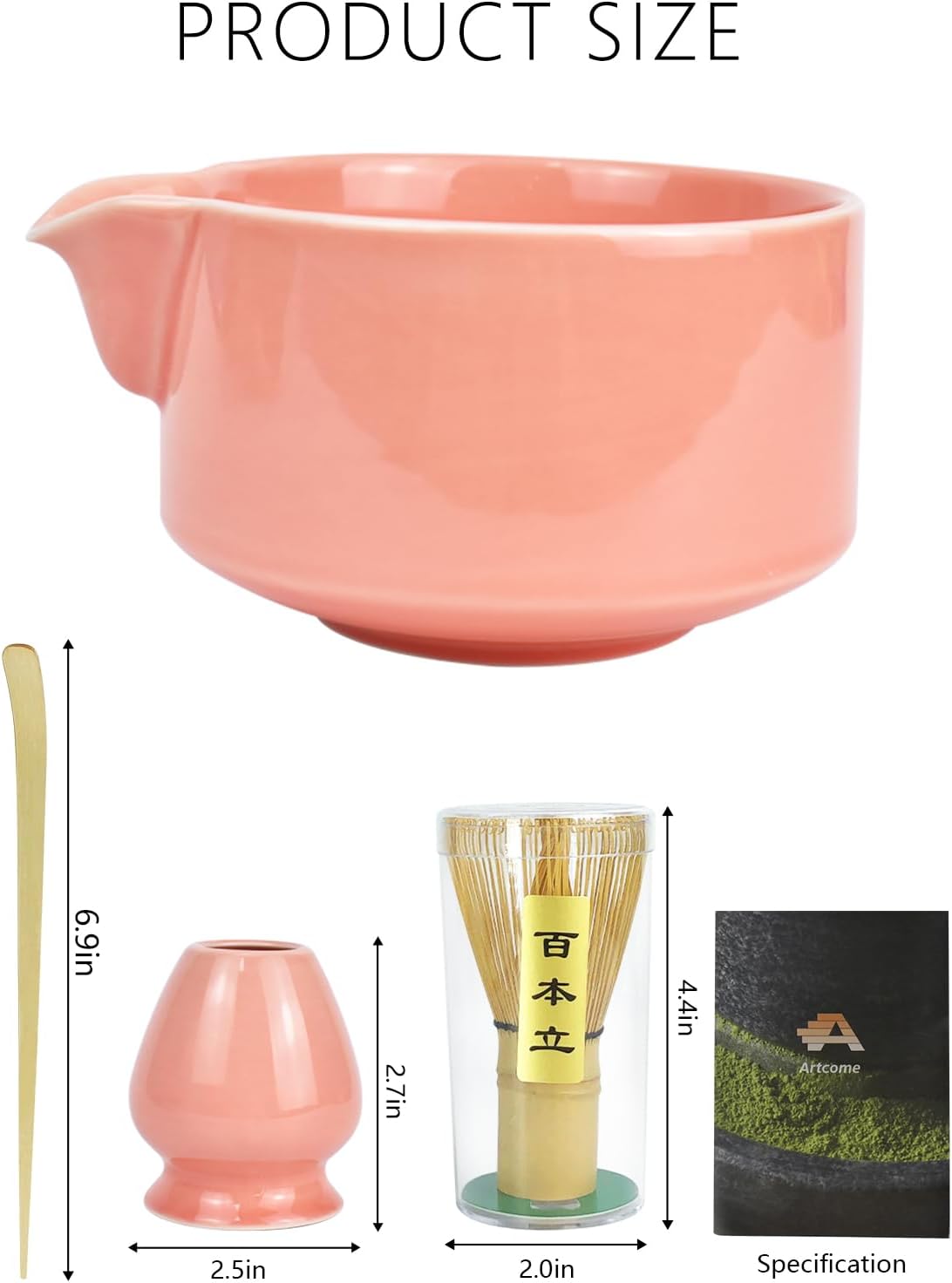 Artcome Premium Matcha Tool Set – Includes Matcha Bowl with Pouring Spout, Whisk, Whisk Holder, Tea Scoop & Matcha Manual - Pink