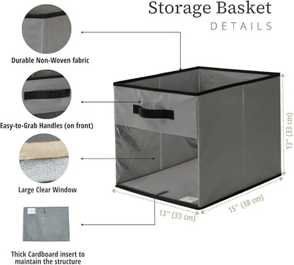 DECOMOMO Kallax Storage Cubes, 13x15x13 Storage Cube Bins with Window, Baskets for Organizing Shelves (Kallax / 4pcs, Grey)