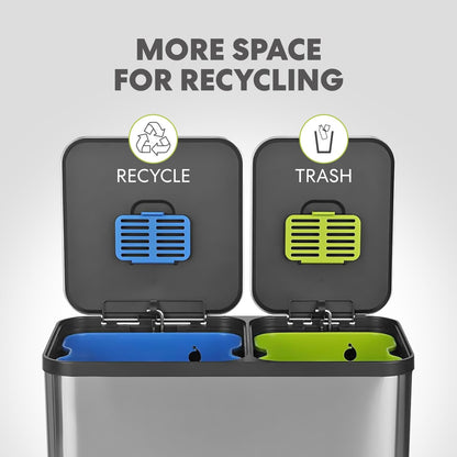 Simpli-Magic 18.5 Gallon (40L x 30L) Dual Compartment Step Trash Can – Kitchen Garbage Can with Waste & Recycling Bins – Slow-Close Lid, Odor Control, Hands-Free, Stainless Steel