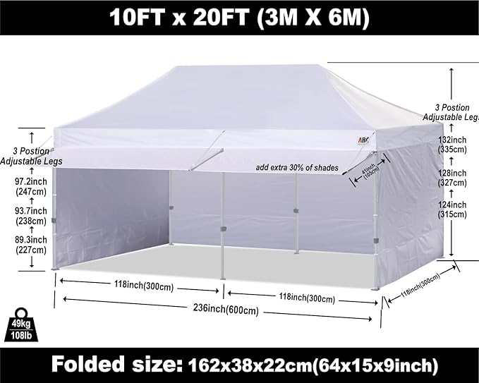 ABCCANOPY 10x20 Pop up Canopy Tent with Sidewalls - Easy up Canopies with Awning, Outdoor Tents for Parties, Market, Commercial Events, White