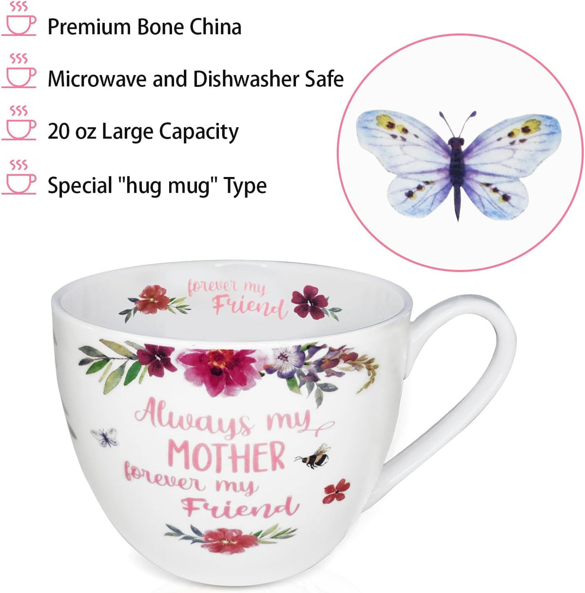 Mom Mugs for Daily Coffee and Tea, Premium 20 oz Bone China Coffee Tea Hug Mug, Perfect Holiday, Birthday, and Mother's Day Gift for Moms