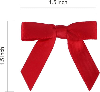 Meseey 100 Pcs 1.5 Inches Premade Craft Bows Self Adhesive Red Satin Ribbon Bows for Treat Bags Gift Wrapping Basket Wedding Baby Shower Brithday Party(Red)