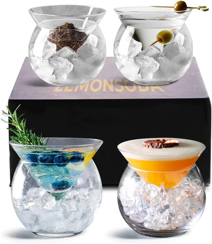 Lemonsoda Stemless Martini Glasses with Chiller - Set of 4 - Elegant Cocktail Glass Set with Server Bowl - Martini Gift Set for Margarita