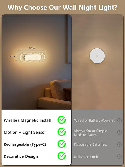 Kitloo Rechargeable Motion Sensor Night Light, Battery Operated LED Night Light for Kids, Nursery, Bathroom, Toilet, Hallway, Stairs, Closet, Kitchen & Cabinet – Cordless Magnetic Wall Sconce, 2 Pack
