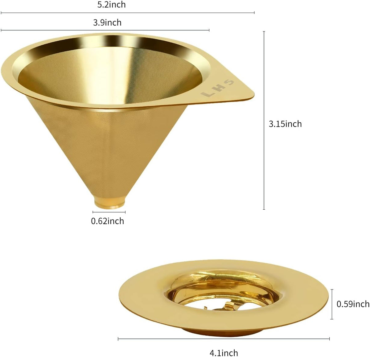 LHS Pour Over Coffee Dripper Reusable Coffee Filter Paperless Coffee Filter Stainless Steel Pour Over Coffee Maker Cone Coffee Dripper for 1-2 Cup,Gold