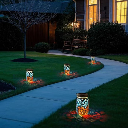Starsoul 4 Pack Solar Lanterns Outdoor Waterproof, Mosaic Flowers Glass Solar Hanging Outdoor Lights, Decorative Solar Lantern for Outside Pathway Patio Porch Yard Decor