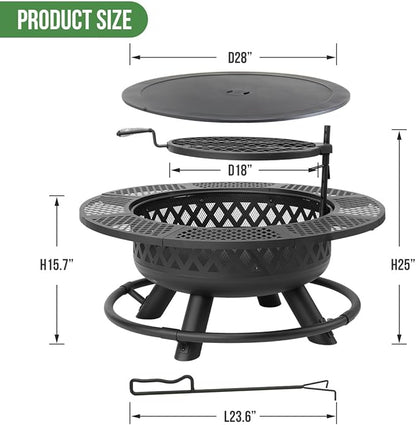 42 Inch Outdoor Fire Pit with Grill, Large Firepit Table for Outside, Metal Round Firepits with Lid&Fire Poker,3 in 1 Wood Burning Fire Pits & Outdoor Fireplaces for Backyard,Patio(42'' Black)
