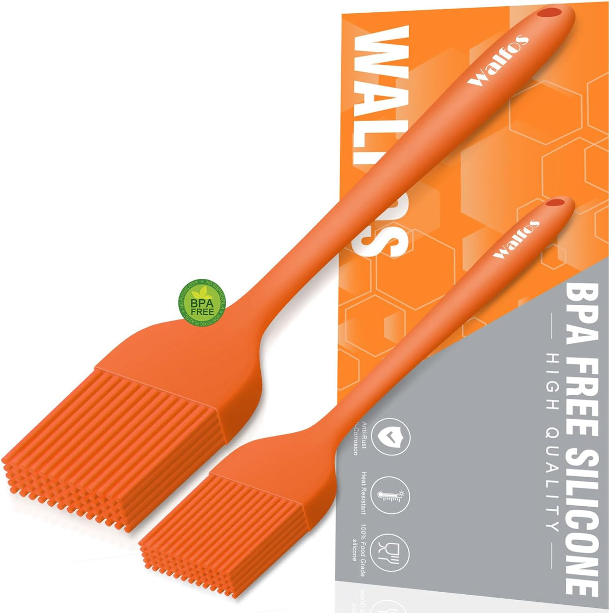 Walfos Silicone Basting Pastry Brush, Heat Resistant Pastry Brush Set, Strong Steel Core and One-Pieces Design, Perfect for BBQ Grill Kitchen Cooking, BPA Free and Dishwasher safe, 2 Pcs (orange)