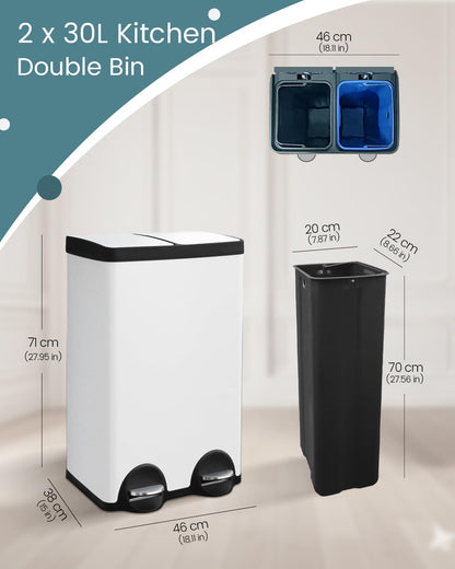 Dual Compartment Stainless Steel Trash Can, 16 Gallon / 60 Liters White Kitchen Garbage Bin with Silent Sealed Lids, Dual Recycling and Trash White for Home & Office