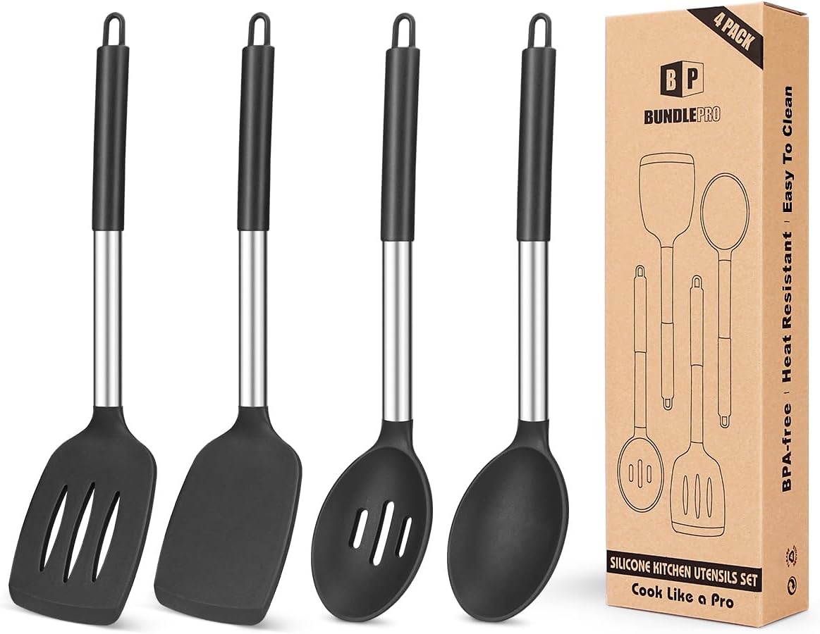 Pack of 4 Silicone Cooking Utensils Set, Non Stick Large Solid Spatulas, Heat Resistant Black Slotted Spoons