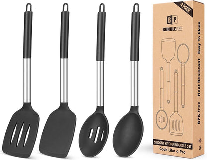 Pack of 4 Silicone Cooking Utensils Set, Non Stick Large Solid Spatulas, Heat Resistant Black Slotted Spoons