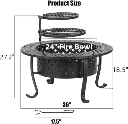 36 Inch Fire Pit with 2 BBQ Grills, Wood Burning Fire Pits for Outside with Lid & Fire Poker, BBQ& Outdoor Firepit & Round Metal Table 3 in 1 for Patio, Picnic, Party