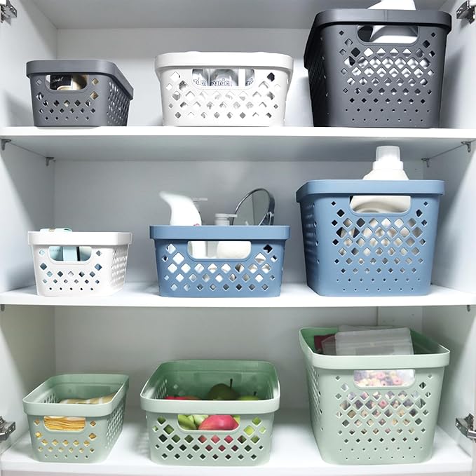 Glad Plastic Storage Basket Set, Value Pack of 6 | Open Storage Bins for Shelves, Bathroom, Pantry, Closet | Nesting Organizer Boxes with Handles, 2 Gallon, Sage