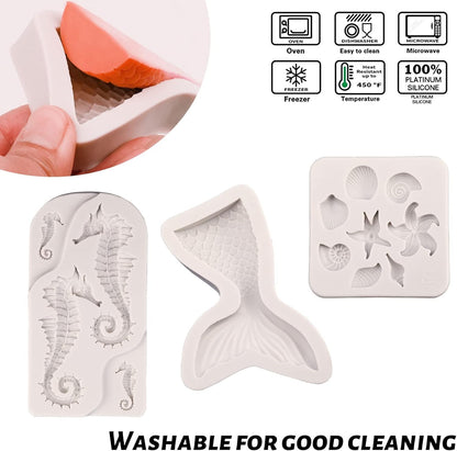 Sakolla Mermaid Theme Cake Fondant Mold - Seahorse Seashell Starfish Mermaid Tail Silicone Mold for Cake Decoration, Chocolate, Candy, Polymer Clay