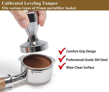 Espresso Accessories Kit 51mm Tamper: 51mm Espresso Tamper Set Barista Tools Including Coffee Tamper, Milk Frother Cup, WDT Tool Espresso Tools, Tamper Mat, Latte Pen, Coffee Spoon, Coffee Stencils