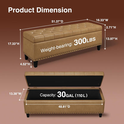 Storage Ottoman Bench, 51-Inch Large Storage Bench for Bedroom End of Bed, 30 Gallons Faux Leather Ottoman for Bedroom, Living Room, Entryway, Hallway, Camel