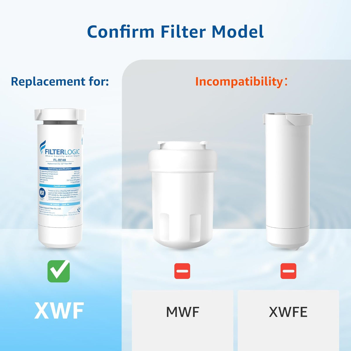Filterlogic FL-RF48 Replacement for GE® XWF, NSF Certified Refrigerator Water Filter, 3 Filters（Not XWFE®)