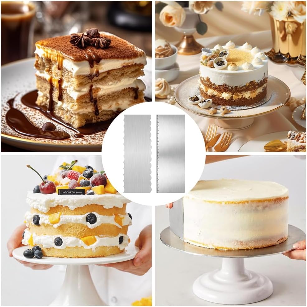 2Pcs Stainless Steel Cake Scraper - 8.6 Inch Double Sided Patterned Edge Stripe Smoother Scraper, Cake Smoother for Icing Mousse Butter Cream, Cake Decorating Comb Measuring Tool