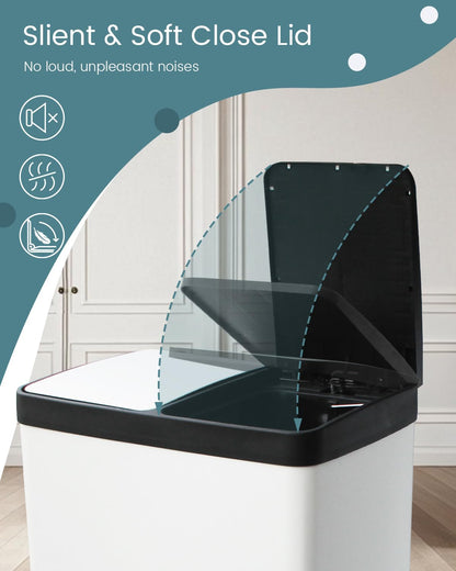 Dual Compartment Stainless Steel Trash Can, 16 Gallon / 60 Liters White Kitchen Garbage Bin with Silent Sealed Lids, Dual Recycling and Trash White for Home & Office