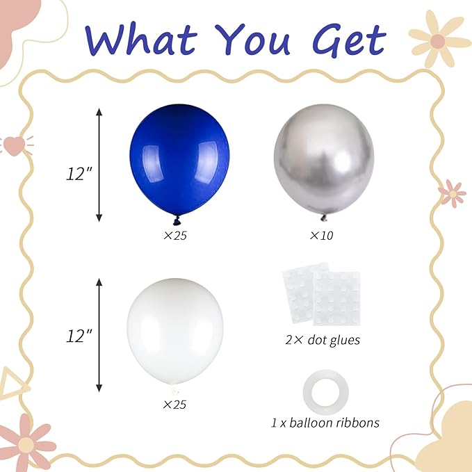 60pcs Blue and Silver Balloons, 12inch Royal Blue White Metallic Silver Party Balloons for Graduation 2026, Father's Day, Men's Birthday, Sports Party Decorations