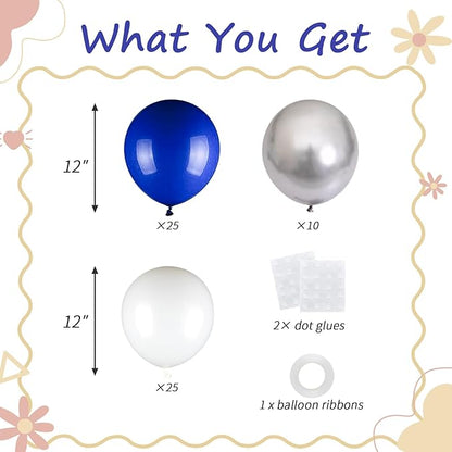 60pcs Blue and Silver Balloons, 12inch Royal Blue White Metallic Silver Party Balloons for Graduation 2026, Father's Day, Men's Birthday, Sports Party Decorations