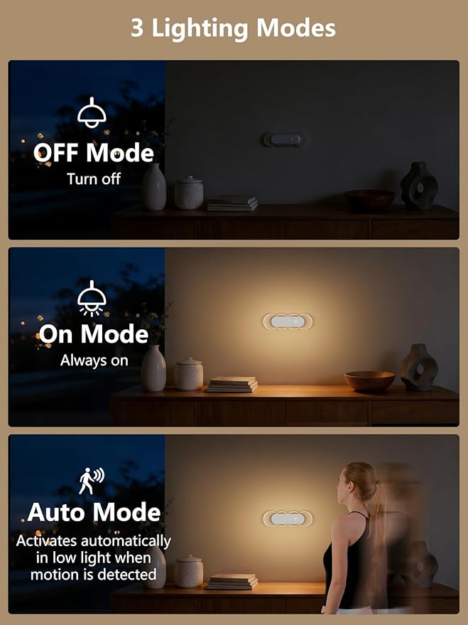 Kitloo Rechargeable Motion Sensor Night Light, Battery Operated LED Night Light for Kids, Nursery, Bathroom, Toilet, Hallway, Stairs, Closet, Kitchen & Cabinet – Cordless Magnetic Wall Sconce, 2 Pack