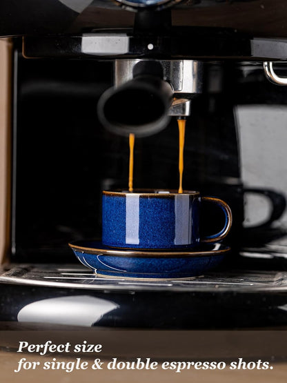 Gomakren 2.5 Ounce Espresso Cups Set of 4, Small Stackable Coffee Cups with Saucers and Metal Stand, Porcelain Demitasse Cups for Specialty Coffee Drinks, Espresso, Cappuccino, Latte, Tea, Cobalt Blue