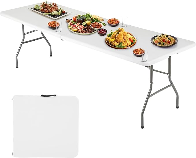 FDW 6FT Folding Table, Portable Fold-in-Half Plastic Picnic Party Table with Carrying Handle (White