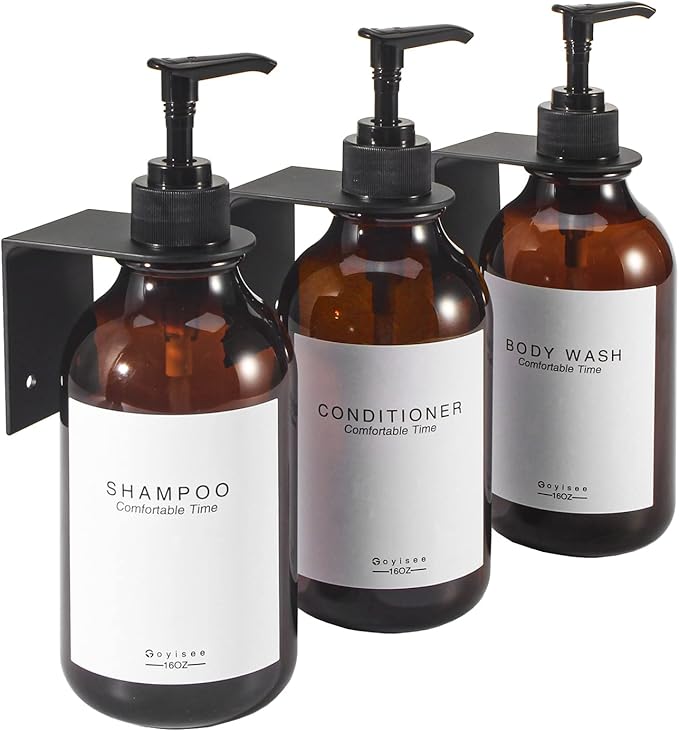 Shampoo and Conditioner Dispenser for Shower Wall 3 Chamber,Refillable Shampoo and Conditioner Bottles with Waterproof Labels,Soap Dispenser with Pumps (3 Bottles 3 Wall Mounts-Brown)