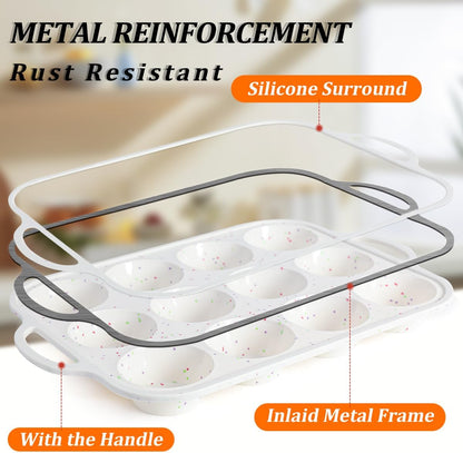 Silicone Muffin Pan, Metal Reinforced Frame Regular Size 2.8 Inch Cupcake Pan with Handle 12 Cups Nonstick Muffin Tray for Baking BPA Free 1 Pack