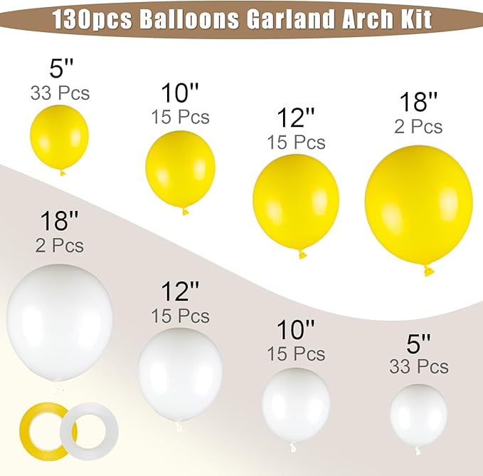 130pcs White and Yellow Balloons Garland Arch Kit, 18 12 10 5 Inch Different Sizes Pack Latex Balloon for Wedding Baby Shower Birthday Christmas Party Garland Decoration