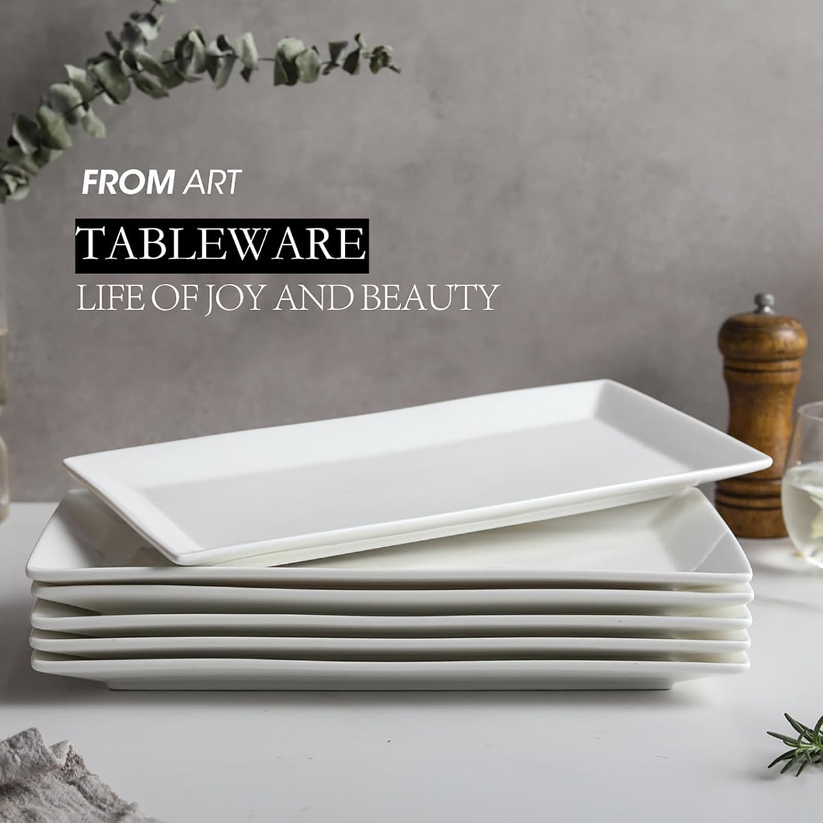 12" Serving Platters Set of 4, White Rectangular Plates, Ceramic Serving Tray, Stackable Large Party Plates for Appetizer, Dessert, Steak, Sushi