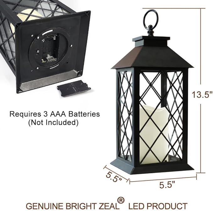 2-Pack 13.5" Vintage Candle Lantern with LED Pillar Light (Black, 6hr Timer) - IP44 Waterproof Battery Powered Decorative Light - Outdoor Hanging Lantern Decorative Indoor Candle Holder