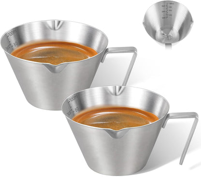 2 Pcs Espresso Cups with Handle, Stainless Steel, Double Spout Metal Measuring Cup with Dual Scale, Espresso Shot Cup with V-Shaped Mouth, 3.4oz/100ml(Silver)