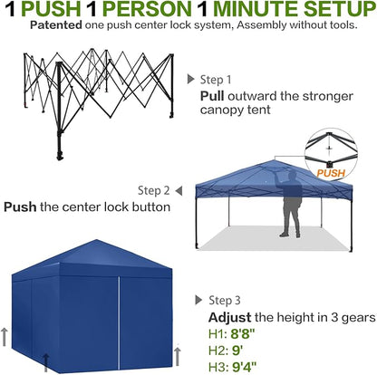 Tunbne 10X10 Comercial Pop Up Canopy Tent with 4 Sidewalls and 6 Pockets, One Push Setup Center Lock, for Beach Patio Outdoor, Case, 8 Stakes, 4 Ropes, 4 Sandbags (Sapphire Blue)
