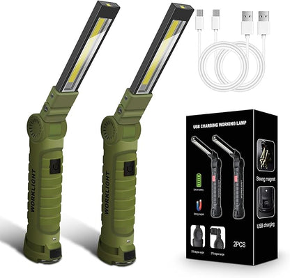 2Pack LED Work Light, USB Rechargeable COB Light with Magnetic Base 360°Rotate and 5 Modes, Folding Flashlight Inspection Light for Car Repairing, Workshop, Household and Emergency Use, Large