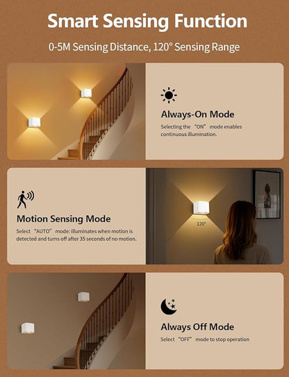 Motion Sensor Wall Lights, Wireless Rechargeable Wall Sconce with Remote Control, 10-100% Dimmable 2700-6500K, Adjustable Beam Angle, 3 Modes, 5000mAh White Wall Lamp for Bedroom, Hallway, 2-Pack