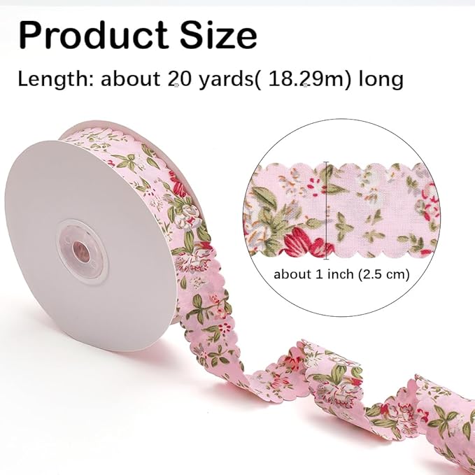 20 Yards Pink Floral Print Ribbon Vintage Flower Pattern Ribbon Spring Polyester Wavy Edge Fabric Ribbons with Spool for Sewing Making Craft Wedding Party Birthday Gift Wrapping Christmas