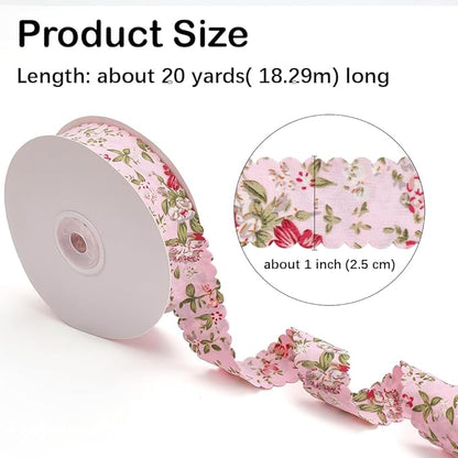 20 Yards Pink Floral Print Ribbon Vintage Flower Pattern Ribbon Spring Polyester Wavy Edge Fabric Ribbons with Spool for Sewing Making Craft Wedding Party Birthday Gift Wrapping Christmas