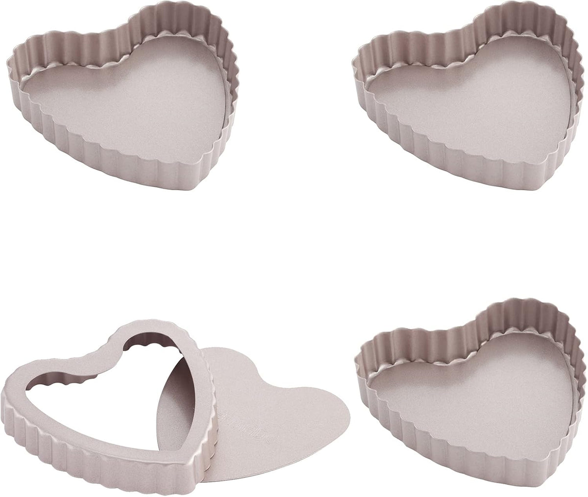 Chefmade Mini Tart Pan Set, 4-Inch 4Pcs with Removable Loose Bottom Non-Stick Heart-shaped Quiche Bakeware for Oven and Instant Pot Baking (Champagne