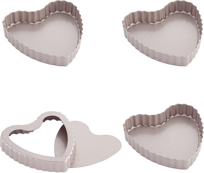 Chefmade Mini Tart Pan Set, 4-Inch 4Pcs with Removable Loose Bottom Non-Stick Heart-shaped Quiche Bakeware for Oven and Instant Pot Baking (Champagne