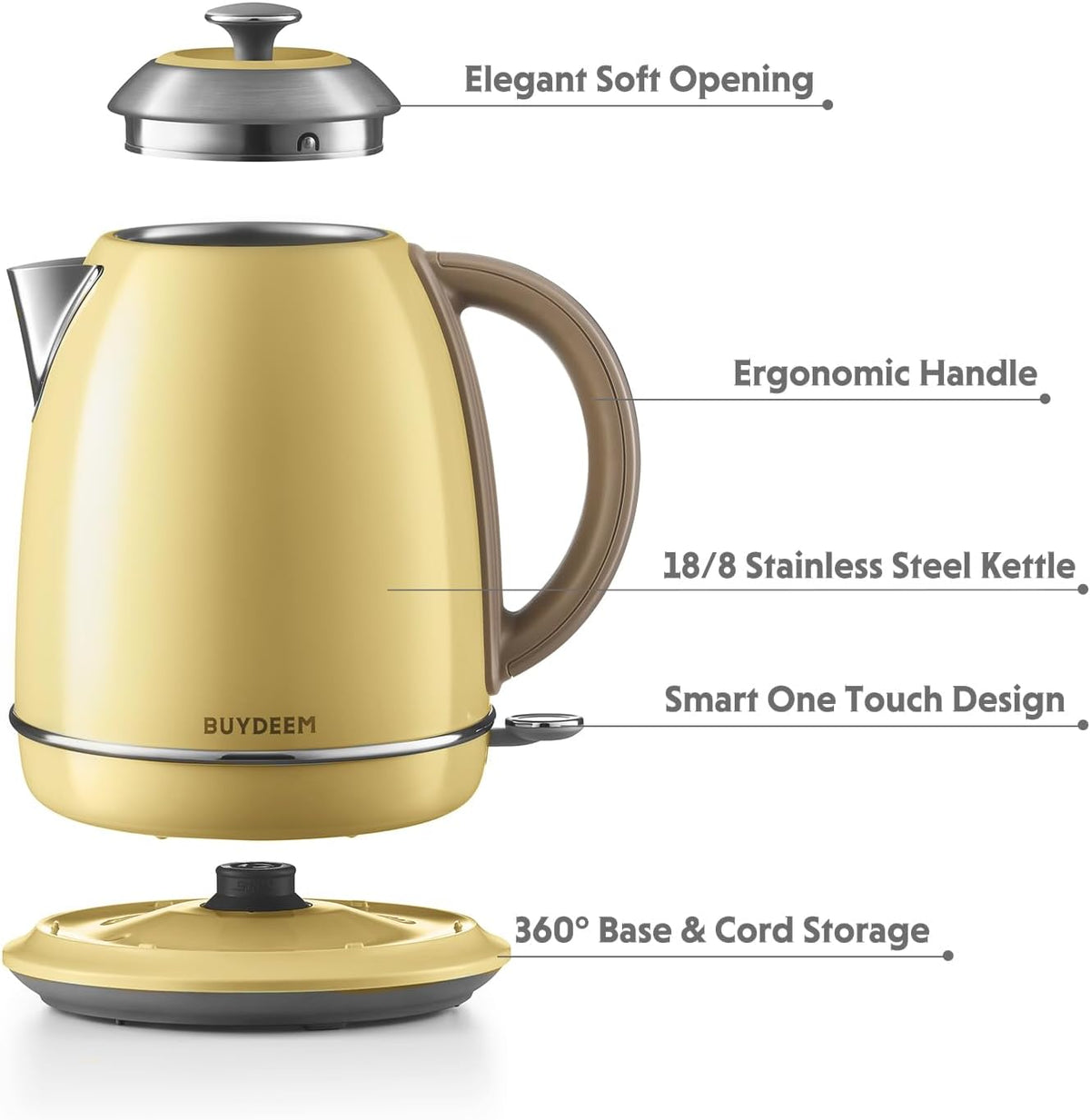 Buydeem K640 Stainless Steel Electric Tea Kettle with Auto Shut-Off and Boil Dry Protection, 1.7 Liter Cordless Hot Water Boiler with Swivel Base