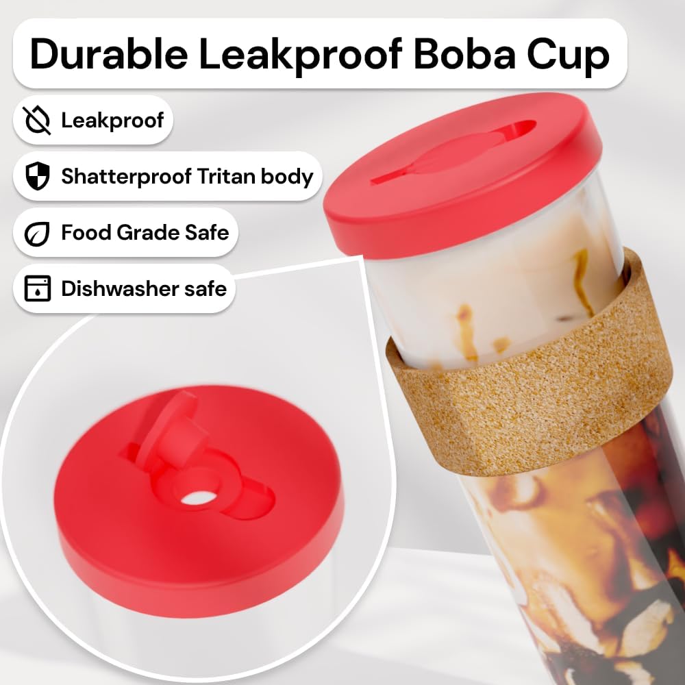 Dodoko Hot Pink Reusable Boba Tea Cup with Straw, 24 oz - Insulated BPA Free Shatterproof Tumbler for Iced Coffee, Smoothies, Cold Drinks
