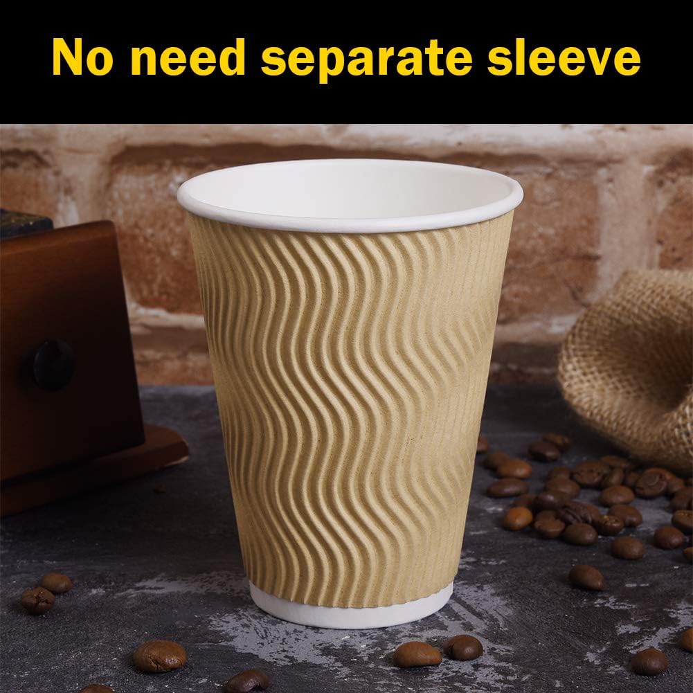 Disposable Paper Coffee Cups with Lids, 100 pack 12 oz Ripple Wall Insulated To Go Coffee Cups for Hot/Cold Beverage