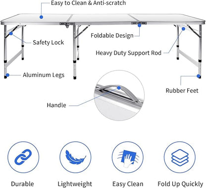 Moosinily Camping Table 6FT Folding Table Large 3 Adjustable Height Portable Picnic Table Camp Aluminum Outdoor Picnic BBQ White