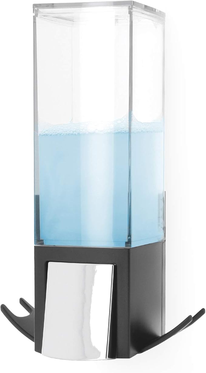 Compactor Wall Mounted Single Soap Pump Dispenser, No Drilling Soap Bottle, 500 ml Capacity with 2 Storage Hooks, 12.1 x 12.1 x 20.6 cm, Durable ABS, Black/Chrome, RAN9654