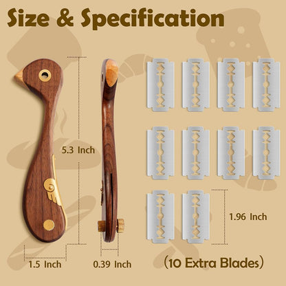 Bird Wooden Bread Lame, Handcrafted Dough Scoring Knife for Sourdough Slashing,Precision Scorer Tool with 10 Replacement Razor Blades