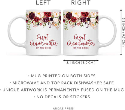 Andaz Press 11oz. Wedding Ceramic Coffee Tea Mug Gift, Fall Autumn Marsala Burgundy Flowers Roses Florals, Great Grandmother of the Bride, 1-Pack, Includes Gift Box