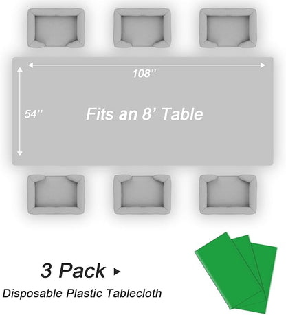 QIKSION Green Plastic Table Cloth Disposable 3 Pack, 54 x 108 Inch Tablecloths for St Patricks Day, Birthday Party, Christmas Decorations, Rectangle Table Cover